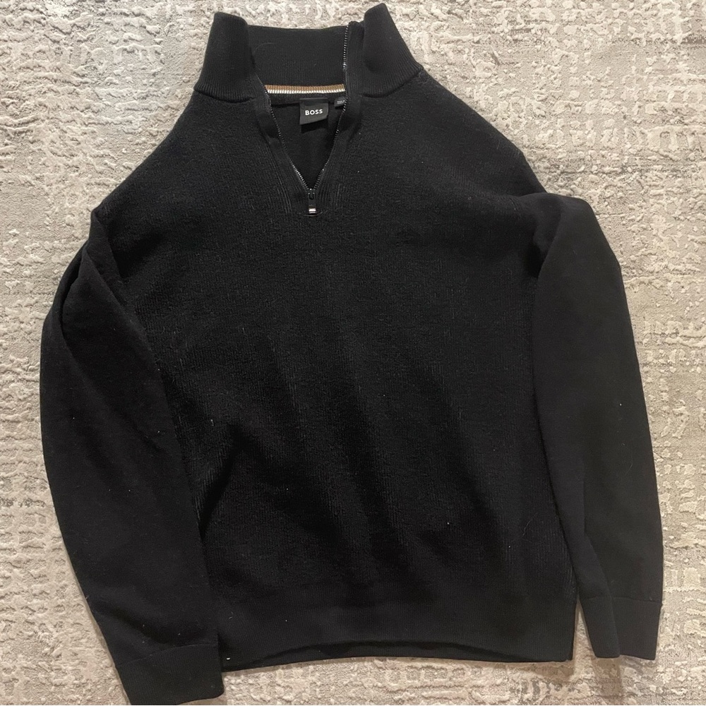 Hugo Boss 1/4 Zip Black Pullover Sweater Large 87% Virgin Wool Fall Casual
